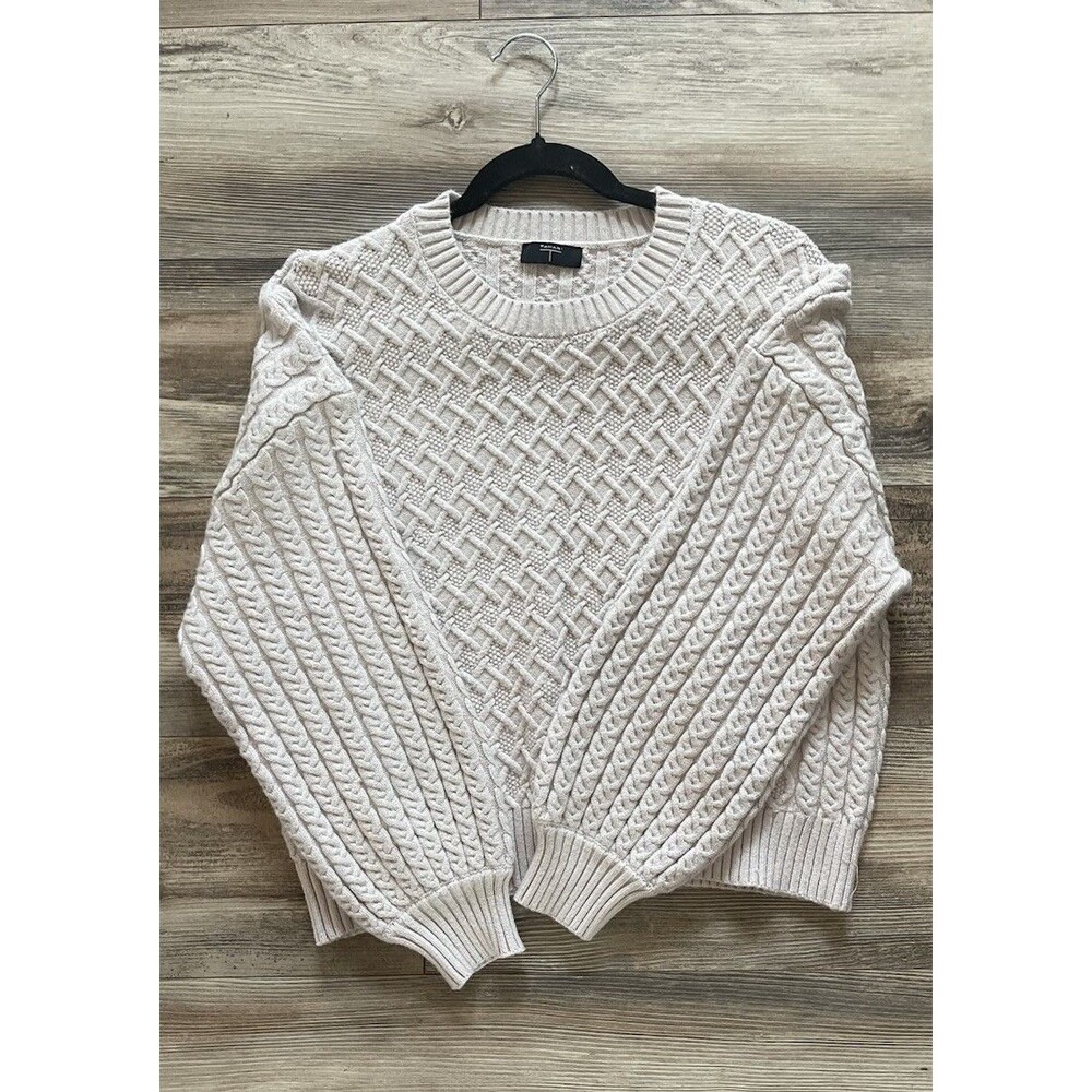Tahari Women’s Beige Cable Knit Crew Neck Pullover Sweater Long Sleeve
